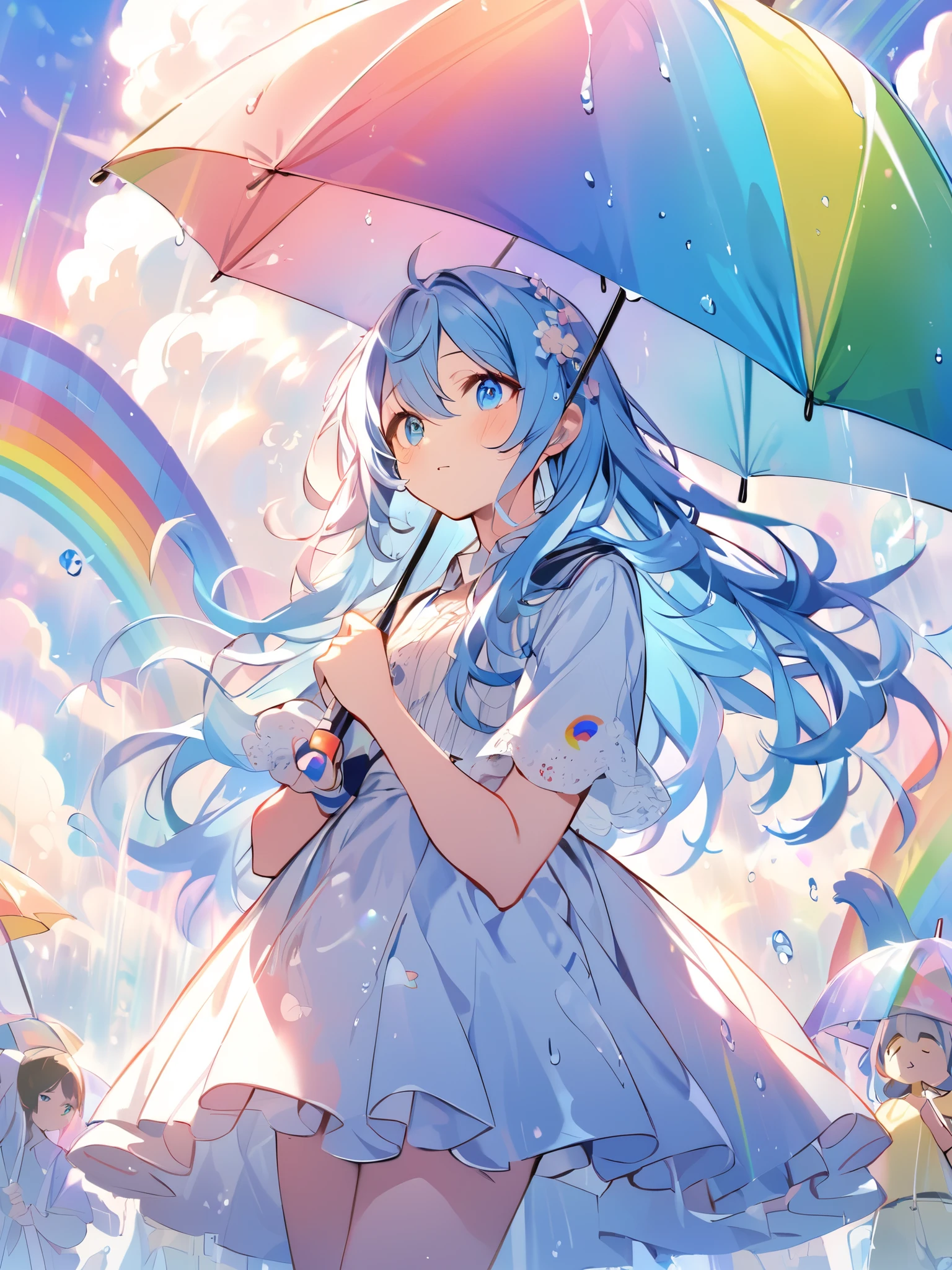 After rain, girl looking up at sky, umbrella, rainbow sky, rainbow, rainbow umbrella, blue hair, long hair, blue eyes, animals, parade