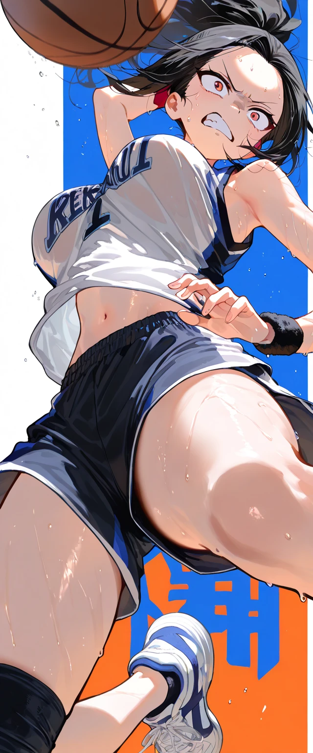 (beautiful girl : 1.3),1 girl,(basketballのユニフォーム,wristband,sneakers,basketball),black hair,ponytail,Forehead,anger, abusive,sweat,jump,basketballフープにダンクシュートを決める, simple color background ,active,dynamic angle,masterpiece,Highest Quality,Rich Contrast,high image quality,8k,High Definition CG Unit Wallpaper,texture,unbelievably absurd, RAW photos ,deep border 1 .2,very detailed from below si