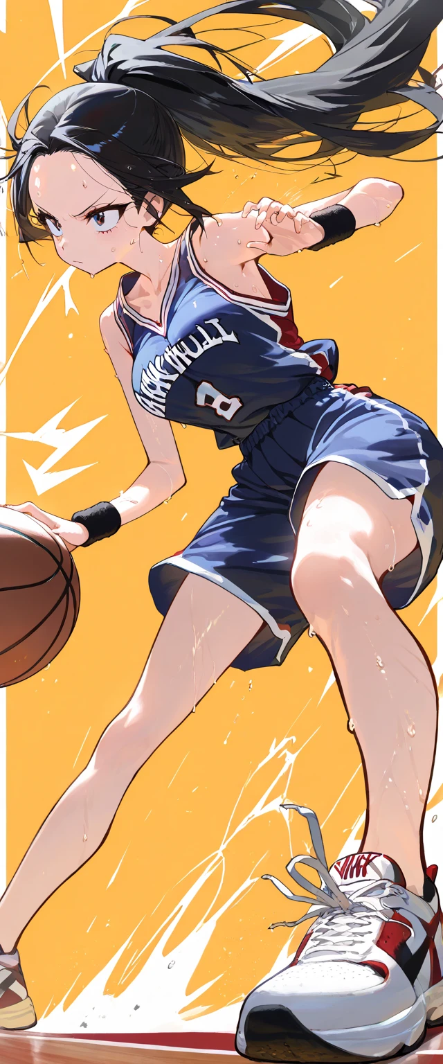 (beautiful girl : 1.3),1 girl,(basketballのユニフォーム,wristband,sneakers,basketball),black hair,ponytail,Forehead,anger, abusive,sweat,jump,basketballフープにダンクシュートを決める, simple color background ,active,dynamic angle,masterpiece,Highest Quality,Rich Contrast,high image quality,8k,High Definition CG Unit Wallpaper,texture,unbelievably absurd, RAW photos ,deep border 1 .2,very detailed from below si