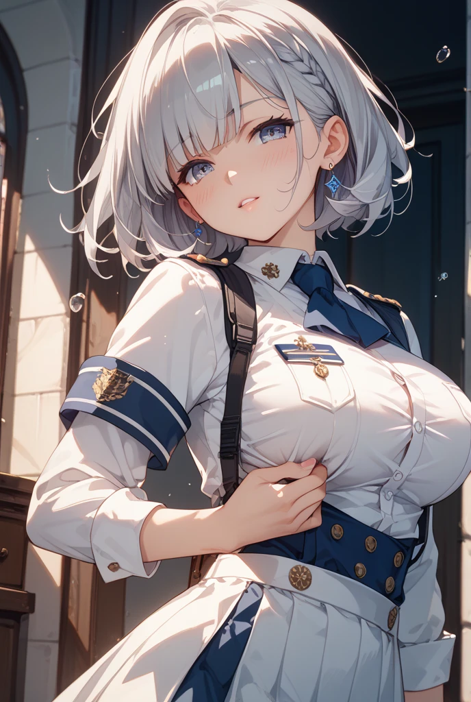 Stella is a white-haired woman, pink eyes, slim body, breasts big, She wears a military sailor uniform, white Navy captain jacket.