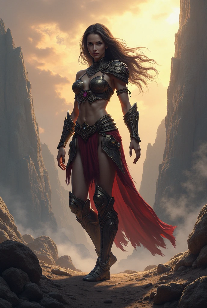 A powerful, (hypers strong muscle body)(hypers massive muscle body)(huge muscle body) female, warrior in a dynamic battle pose, long flowing hair, fierce expression, intricate armor with glowing runes, dramatic lighting, cinematic camera angle, epic fantasy, vibrant colors, dramatic lighting, digital art, concept art style