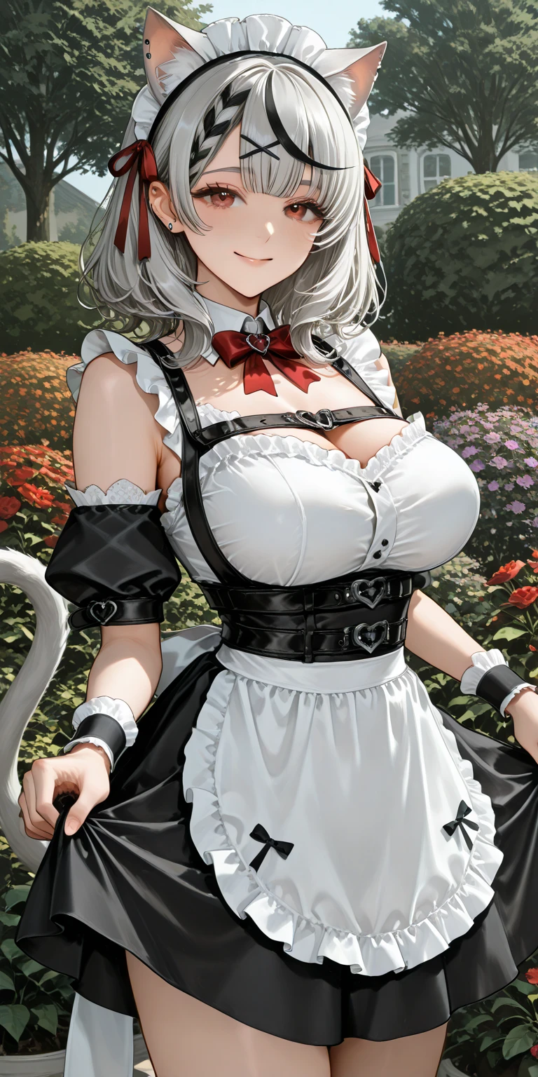 Highest quality,masterpiece,unity 8k wallpaper,Very detailed,Detailed light, Best Shadow,Very detailedな肌,Beautiful attention to detail,Very detailedな顔,Detailed reflective eyes,Shiny Hair,Shining Eyes,(1 girl:1.2),woman,Gloss,thin,White gloves,Silver Hair,(Wolf Cut Hair:1.2),Blue eyes,clavicle,Cleavage,Big Breasts,Charm,Animal ears,White Tail,Ahoge,Silver Hair,(White eyelashes:1.2),White eyebrows,blush,embarrassed,Maid clothes,(whole body:1.2),claw pose,(Intimidation:1.2),