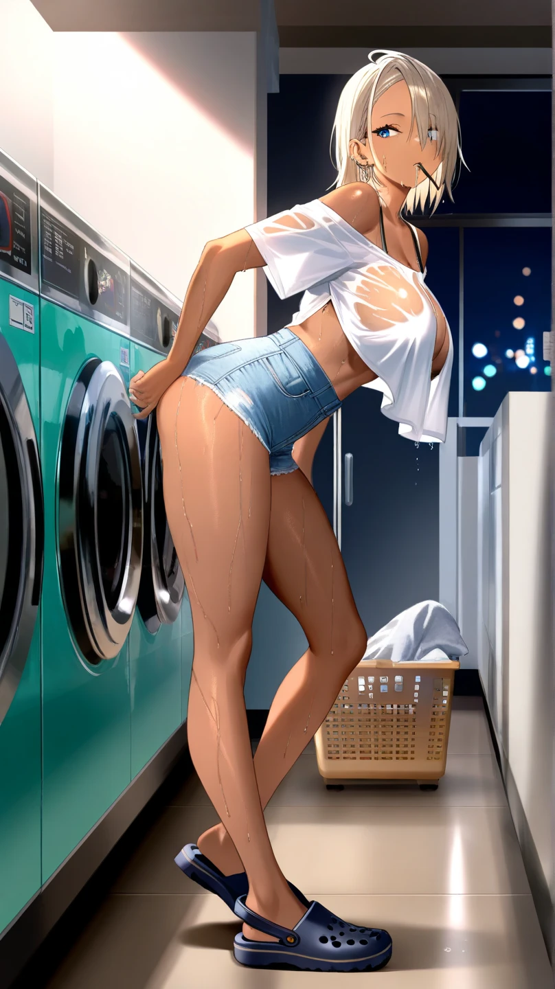 A  doing the laundry indoors of her home, smiling, closed eyes, wearing a open shirt bra, wearing a skirt, washing clothes with her hands in the water basin full of clothes