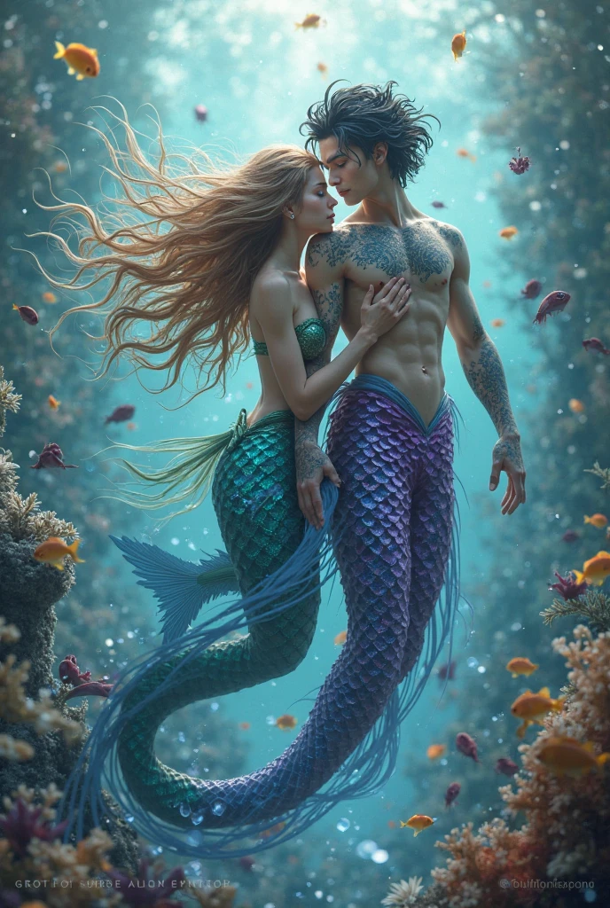 mermaid and merman look at the sunset together --auto --s2