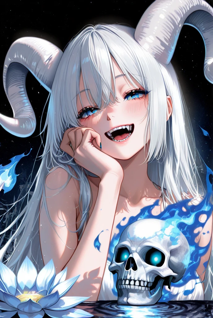 An 1 human,with long white hair,and with small horns and large demonic black wings, summoning skeletons,in an anime style,Facing the camera