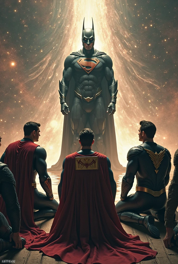 Illustrious Superman sitting on a throne and on the right side is Homelander Omni Man and on the left is Homelander Omni Man and they all have the reaction of a cold face/meanness , it's a destroyed scenario behind ,they all have heat vision , but not using it is just in the eye 