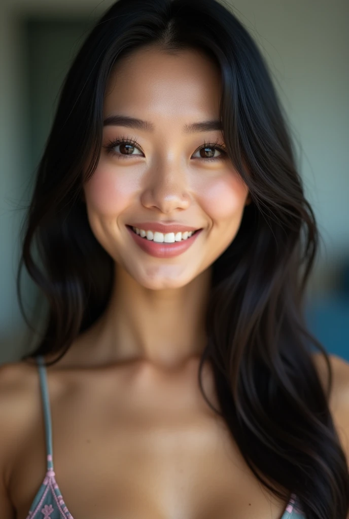 30-year-old woman, Chest Shot, Iris, Black Hair, Warm Background, Grin