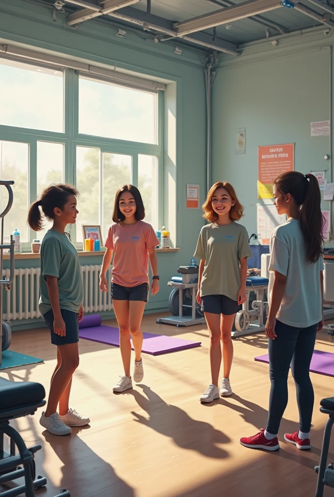 Short haired school girls in nike leggings gymwear. Side shot. Full body. Classroom 