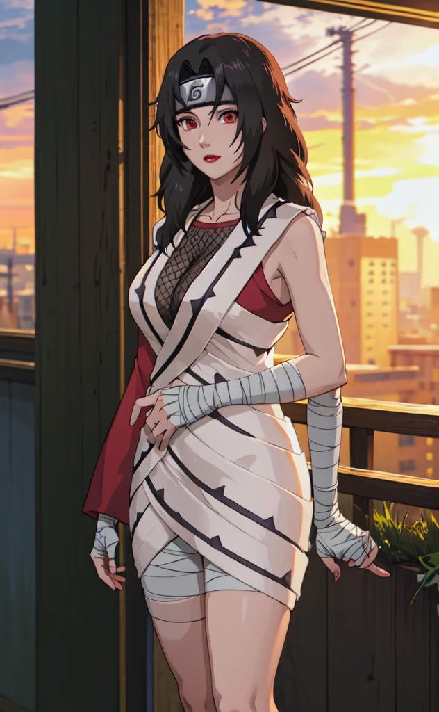 outdoors, lens flare, depth of field, bokeh, vanishing point, solo, looking at viewer,((masterpiece, best quality)), BREAK
NinjaWhiteDress_KurenaiYuhi_ownwaifu,
1girl, forehead protector, black hair, long hair, red eyes, makeup, lipstick, konohagakure symbol, red lips, large breasts,
bandaged arm, fishnet top, bandaged hand, sleeveless, bandaged leg, cleavage, long sleeves, asymmetrical sleeves, single sleeve, vest, collarbone,
(contrapposto, looking back)<lora:NARUTO_Kunoichi_KurenaiYuhi_ownwaifu:0.7>,
insaneres, absurdres,