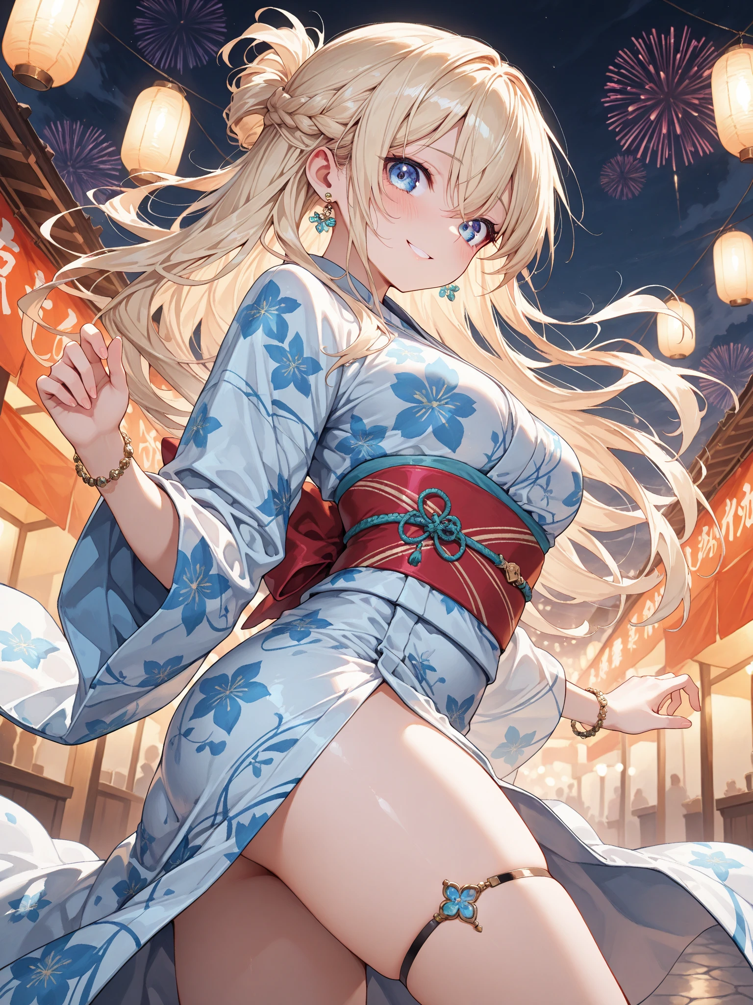 高いquality illustration, masterpiece, Very delicate and beautiful, attractive,(The lower half of her rainbow floral yukata is open.。, She is exposing a white loincloth),thin,Slender body,slim、Shrine background at night,Princess, Beautiful Eyes,smile、Embarrassing、blush(masterpiece, Highest quality:1.2), High resolution, Very detailed CG ユニティ 8k 壁紙, Perfect lighting, colorful, 超High resolution,4K,Very detailed, photograph, 8k, High resolutionolution, 、Cleavage、濃いPubic hair sticking out、Pubic hair sticking out、Close-up of the crotch from directly below