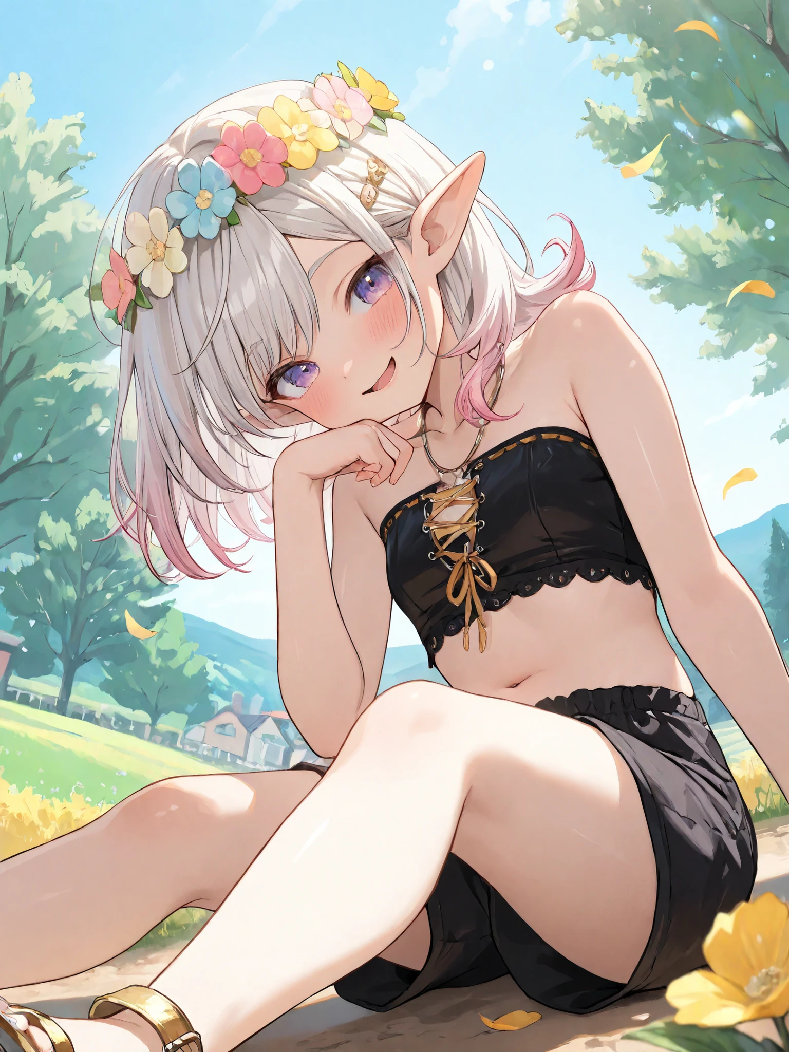 ((Masterpiece)), ((best quality, very aesthetic, absurdres, newest)), (from side, from below), (8K), (cinematic lighting), ((1girl)), (cute young girl), (Healthy body, Textured skin, small breast, tilt head), elf ears, Glossy unruly hair, (medium hair, platinum-gold hair, gradient hair, Pastel colors Hair Tip), (loose swept bangs, flipped hair), big eyes, (cute cheeks), glossy lips, pouty lips, (lower eyelashes), Thin and short eyebrows, (pale purple eyes, gradient eyes, looking at side), ((naughty smile)), blush, open mouth, (put on head wreath), BREAK (Black Embroidered Tribal tubetop, strapless, Tribal boxer pants), cute navel, Cheesy sandals, (pointing side), ((loose sitting on the grassy path, outstretched legs)), toe up, (on the hill overlooking the Rural town, beautiful and sparkling Rural town, outdoor), Spring Season, Floral graffiti, Tranquil Place, petals, wind blow,