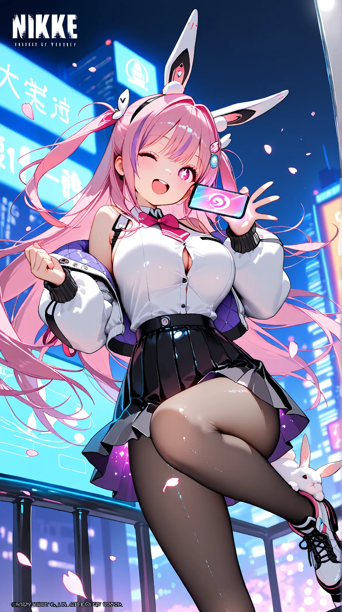 Best quality at best, tmasterpiece), 1个Giant Breast Girl, with pink hair, a purple eye, a garter belt, pencil skirts, Female office staff, Black bra, tiese, collared shir, leaning backward