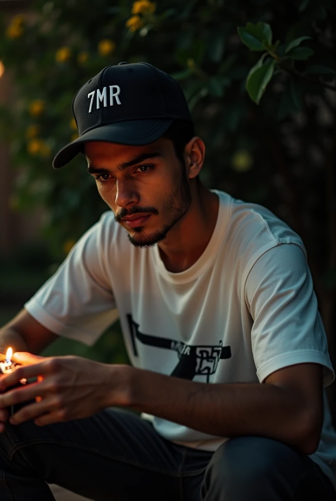A young man, drug addict, who is smoking and is wearing a shirt that has the word written on it "russel"