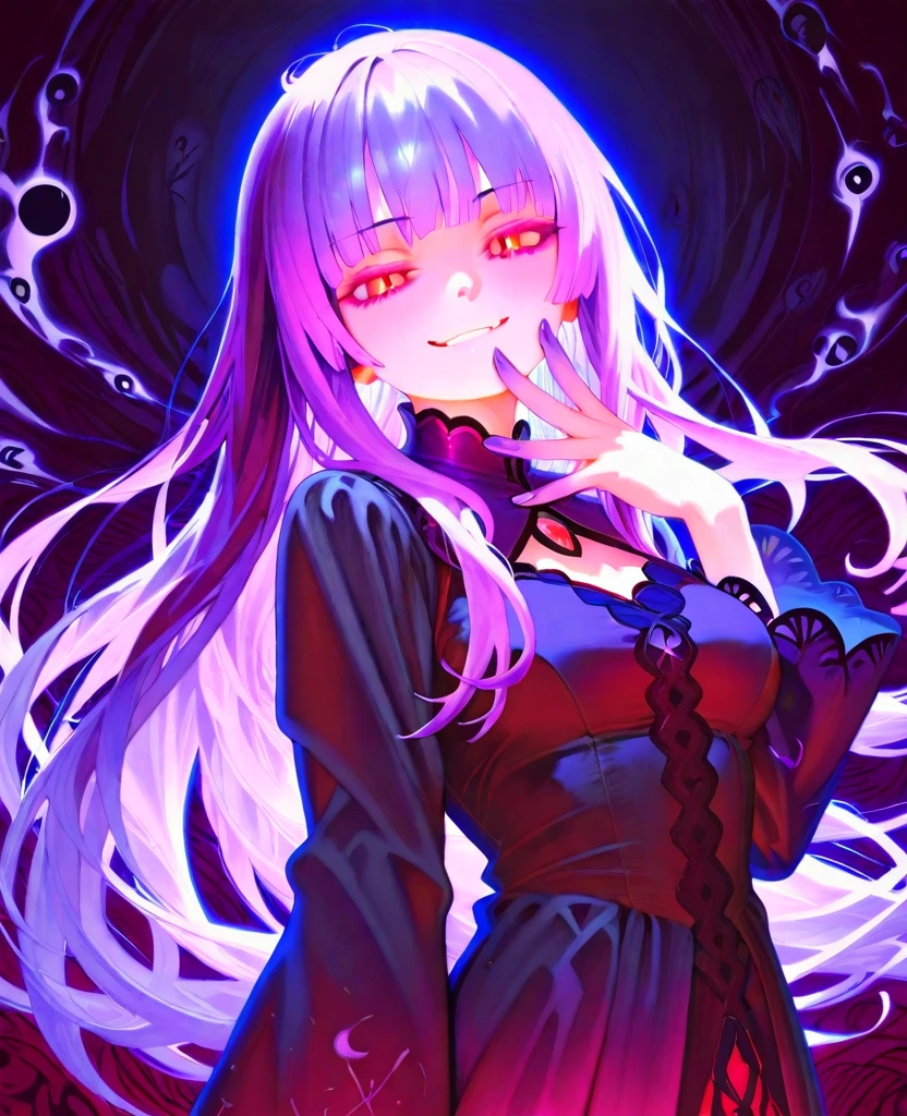 (Masterpiece, Best Quality), A colleague was brainwashed by the dark energy and became a demon, Dark energy, evil eyes, evil smile, dark girl, corruption girl, dark woman, evil energy, villain, villainess, full_body, whole body,