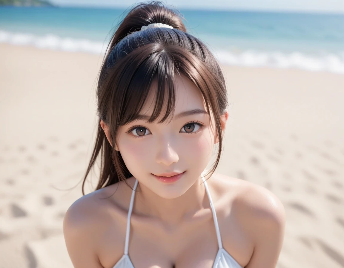 1womanl, (up of face:1.5), light brown hair, Blunt bangs, hair behind ear, hair over shoulder, Long hair, Ultra Fine Face, Thin face, eyes like delicate lips:1.5), thin blush, eyes are light brown,View here, Ultra-thin hands, Ultra-fine fingers, best ratio four finger and one thumb,White swimsuit、Micro Bikini Tie Bikini Nandi Beach Background,One-person viewpoint,  8K, masutepiece, nffsw, Super Detail, High quality, Best Quality, hight resolution,