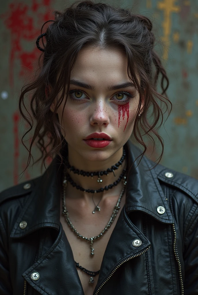 curls and a red streak in the front, com piercing no nariz, gothic