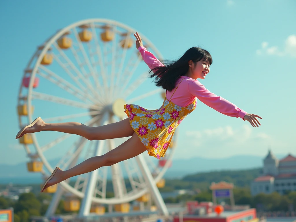 A joyous amusement park，and the sun was shining brightly，Balloons flying，The children laughed，There is a huge Ferris wheel in the amusement park，Portrait Photogram，7 year old girl，（Translucent 0.1）比基尼，Natural soft light，Mid-range lens，8k sexy girl pose, Very sexy pose, Tease