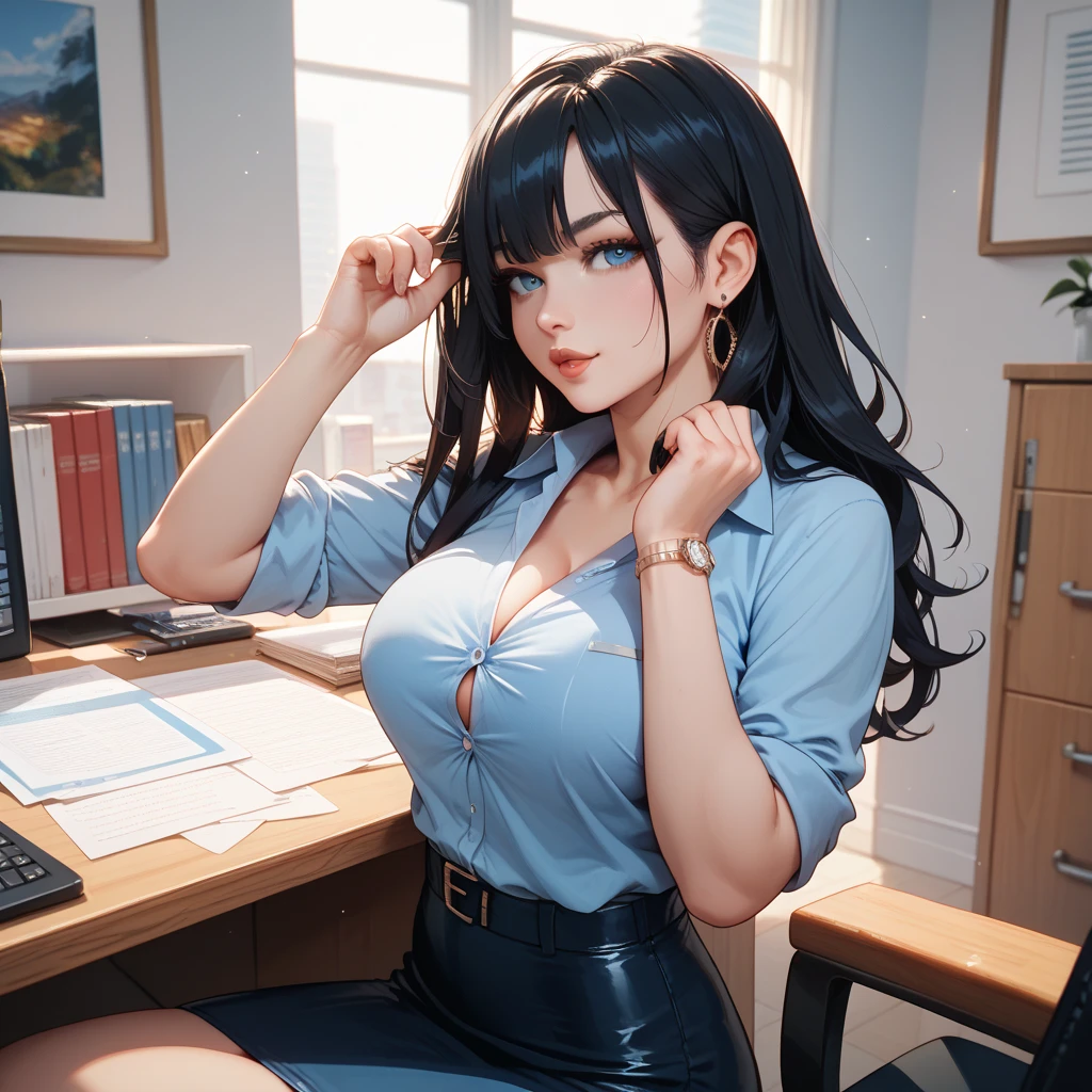 (8k, RAW foto, mejor calidad, (Obra maestra, super high quality, super detailed), anime style chica joven, random color of hair and style Absoluto, detalles intrincados, Mujer arafed apoyada en un escritorio con tres pantallas de computadora., showing stock charts, En frente de una computadora, sentado en una computadora desk, mirando el monitor, sentado frente a la computadora, sentado en una computadora, Comercio, sentado en un escritorio, Proveedores, Comercio stocks, centrado en el centro, sentado en el escritorio, accurately portrayed, A confident, curvy woman with a captivating smile, Cuerpo completo ((manos finas y detalladas)), mostrando su figura y una cintura bien definida, culata, vista trasera