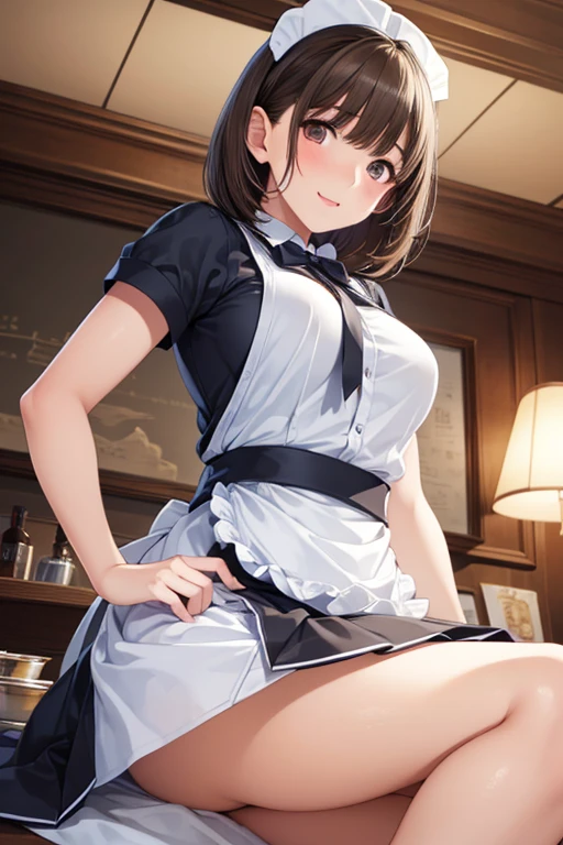 ((Tabletop, highest quality, High resolution, , Pixel perfect, 4K,))), 1 beautiful woman, private teacher、The whole body is visible、 ((Mid-wave hair, bangs, Brown Hair)), ((Brown eyes, Beautiful eyelashes, Realistic eyes)), ((Detailed face, Blushing:1.2)), ((Smooth texture:0.75, Realistic texture:0.65, Realistic:1.1, Anime CG Style)), middle size breast, Dynamic Angle, Perfect body, (( , , 、Frill apron, Maid Costume、Ruffled short sleeve shirt))、Cooking in the kitchen、、Sit on a chair、Raise one knee and open your legs、Very embarrassing panic smile, 、、、、(White floral lace panties are visible、)、Angle from below)、
