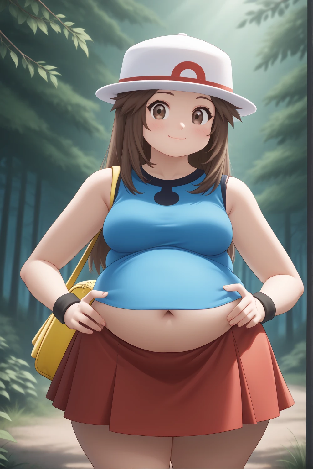 Masterpiece, best quality, pregnant girl, ro1, hair bun, blue eyes, twintails, visor cap, denim shorts, denim, short shorts, vest, shirt, wristband, sleeveless, white shirt, black vest, sleeveless shirt, standing in streets, smile, cowboy shot, collarbone, small breasts, cleavage, downblouse, oversized clothes, third trimester of pregnancy