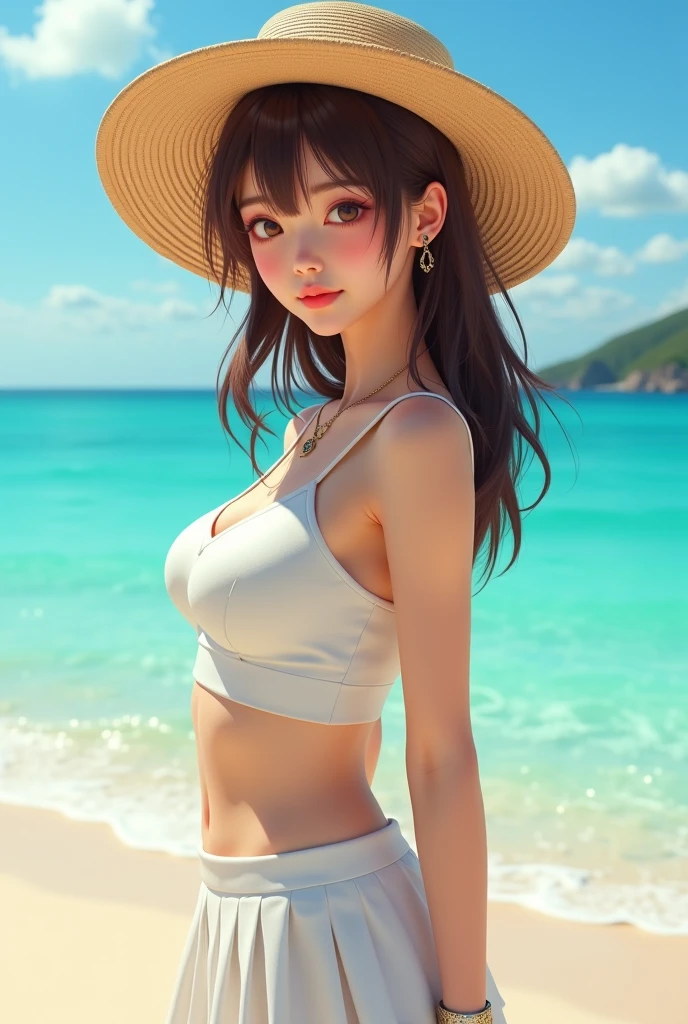 (masterpiece:1.4, best quality), (intricate details), unity 8k wallpaper, ultra detailed, beautiful and aesthetic, perfect lighting, (1girl), dynamic pose, dynamic angle, lipstick, slim, slim body, big breasts, (Strapless_bikini_top:1.5),(High-waisted_shorts:1.4),(Straw_hat:1.3),(Beach_resort_background:1.4), detailed background, realistic, solo, perfect detailed face, detailed eyes, highly detailed, blush, hair ornament, rolling_eyes, cross-eyed,