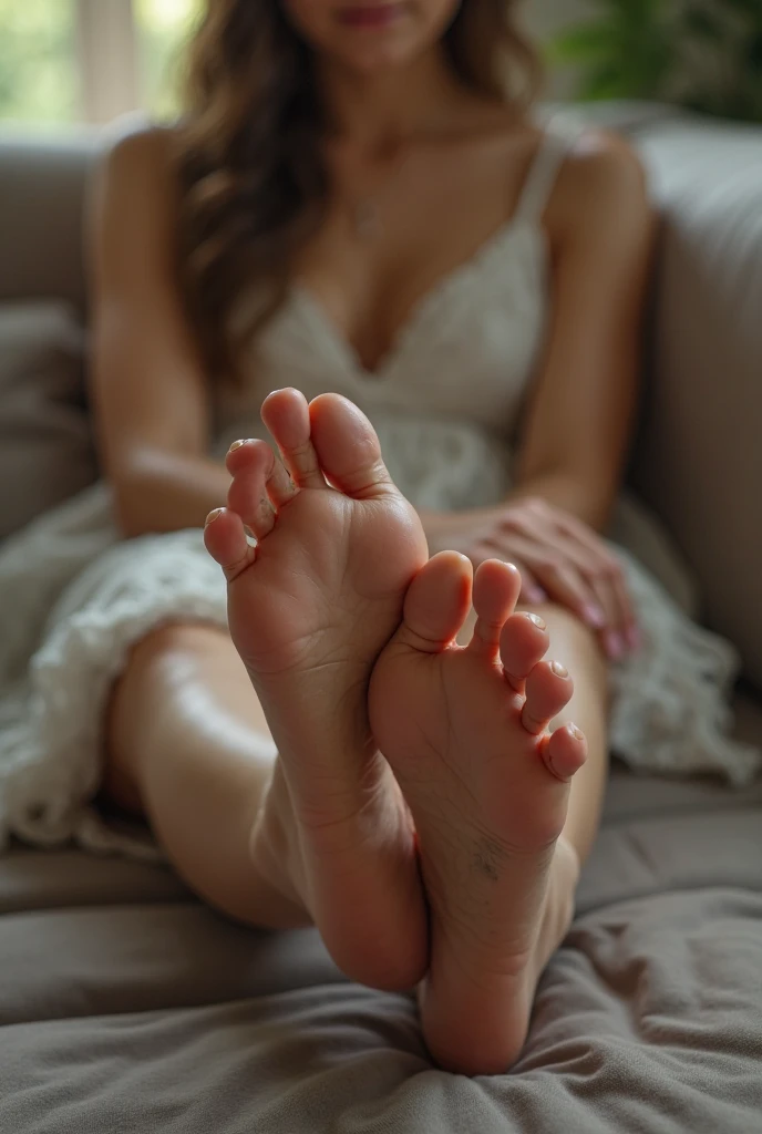 Create an image of well-groomed women's feet and painted, outlined nails, realist, on bed, naked