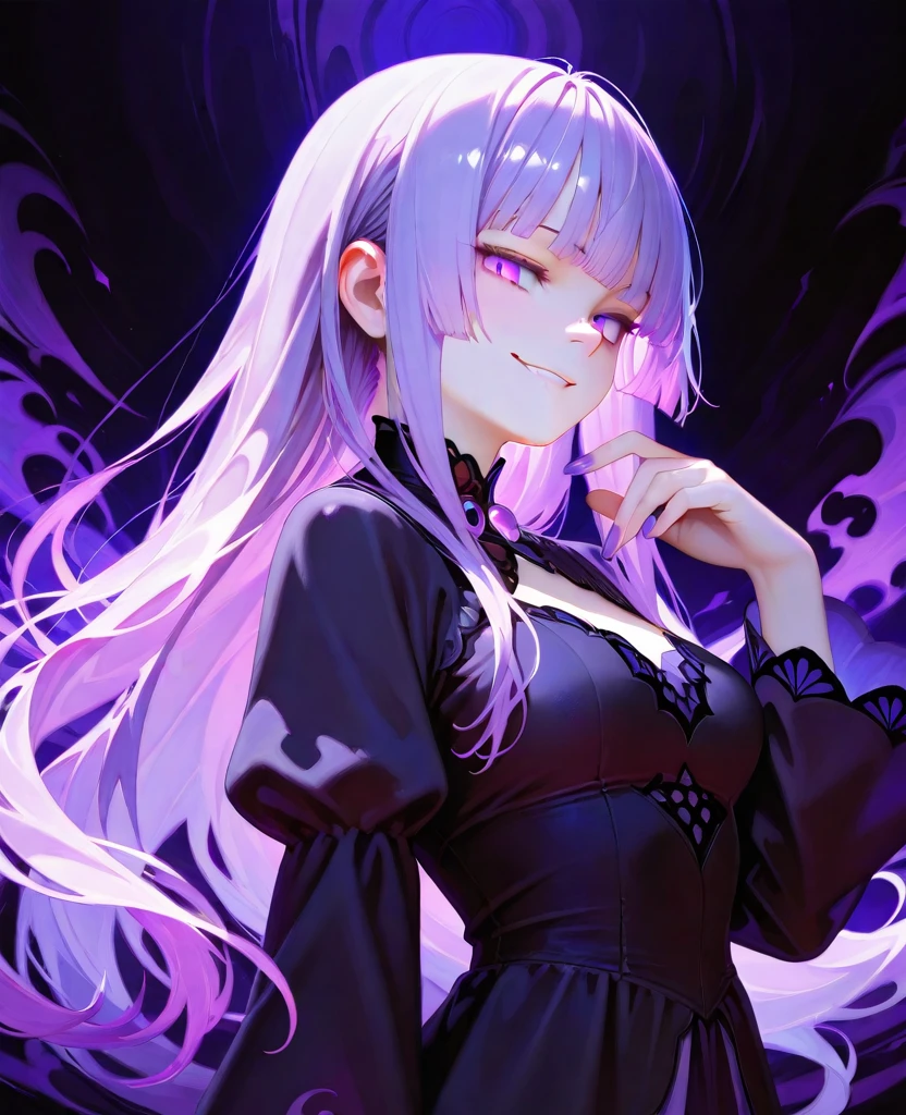 1 girl, wallpaper, whole picture, grey wall background, ruined wall background, asymmetric hair, grey hair, multicolored hair, long hair, psycho smile, evil_smile, dark purple eyes, view from the side, looking at viewer, long chain shackles, neon lights, grin, ruffled hair, black dress