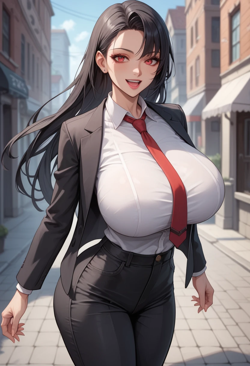 (masterpiece, best quality), 1girl, solo, looking at viewer,
<lora:Ratetaso-v1:0.95>, thick thighs,
upper body, close-up, 
from side,
seductive smile, closed mouth, blush,
purple hair, very long hair, forehead, sidelocks, straight haircut, 
blue eyes, empty eyes, white pupils,
huge breast,
business suit, office lady, suit jacket, pencil skirt, mini skirt, blouse, frills, ribbed shirt, collared shirt, long sleeves,
standing, straight-on, v arms, arms behind back,
night, outdoors,