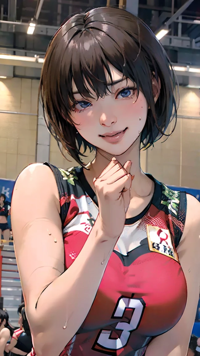 perfection、masterpiece、(Highest quality、High resolution:1.2)、 1 person、Beautifully detailed eyes、Beautiful pink lips、Highly detailed eyes and face、Bright colors、HDR、Studio Lighting、Ultra-high definition painting、Sharp focus、Physically Based Rendering、Extremely detailed depiction、moderate bust、perfectionな形、Facing the viewer、Sweat、smile、Volleyball Player、((Sleeveless Japanese national volleyball uniform))、Bobcut、gym、
