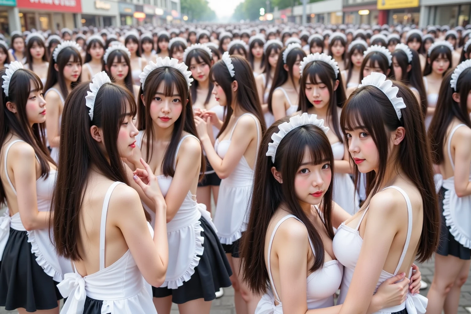 (((SFW, NSFW STILL SHOW, 12 Tiny Girls in a row:1.2, Shibuya Hachiko-mae scramble crossing on Halloween:1.2))), (masterpiece:1.2, (photorealistic:1.37)), {(Standing Full Body:1.2)|(from below:1.2)}, short silver hair, {naked bandage|tutu|School Uniform}, ((Detailed KAWAII face), Perfect eyes, {Detailed Oily Porcelain skin|Detailed glistening tanline:1.2}), {Bustling street|Crossroads|(Passerby schoolgirls)| halloween| neon}, {(Childish:1.2|Gigantic Cleavage:1.37|Underboob:1.2)}, {flower wreath|Red leather high collar}, {Floating hair|Strong wind|((Ass focus))},{(Kissing face to face)|:p|:d|laugh|sparkle|joyful|delighted},extremely Detailed,