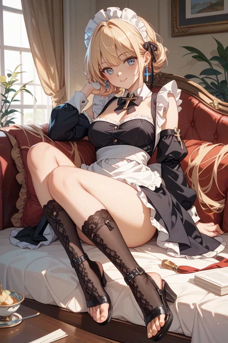 create A WOMAN FROM 18 TO 23 YEARS OLD, BRUNETTE, WITH BLONDE HAIR, WITH A SMILE, FULL BODY, MEDIUM CHEST, HOT, IN THE LIVING ROOM IN A MINI SKIRT, SITTING ON THE SOFA