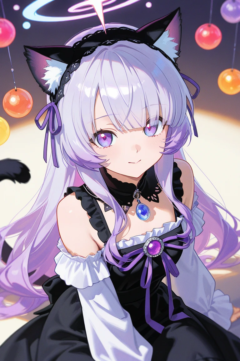 Purple hair, green eyes in anime style, fluffy panda ears, long hair, cute sexy dress, beautiful, moon