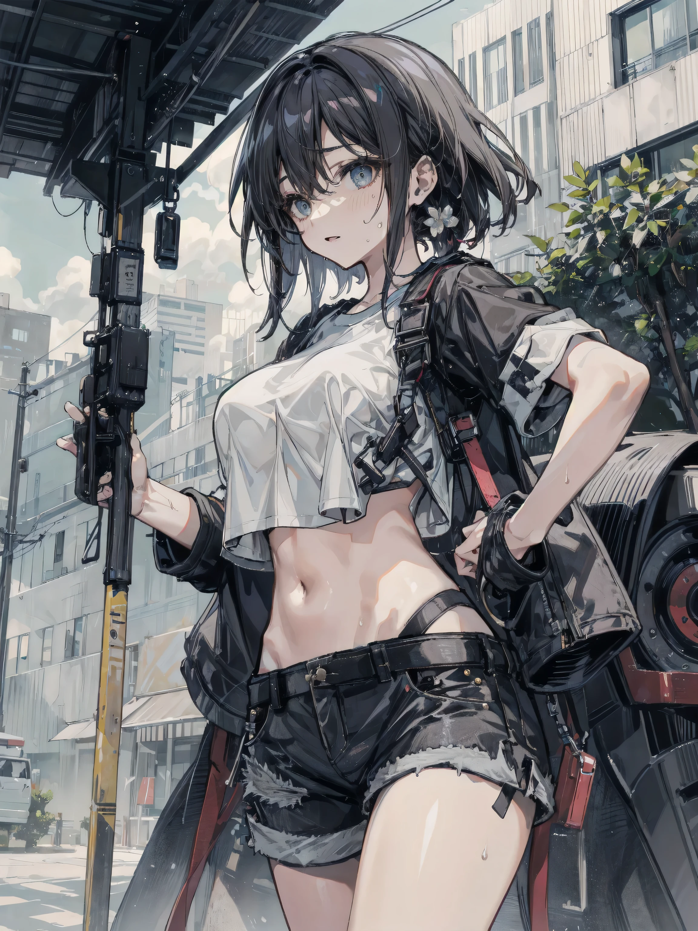 black eye patch, right eye covering, short hair, blue eyes, short black,black eye patch, 1girl, himeno (chainsaw man), masterpiece, best quality, high resolution, , eye patch, chest, cowboy shot, outdoor, bikini, spread legs, squatting,background sea,HMN1,sea,micro bikini,from behind,back shot