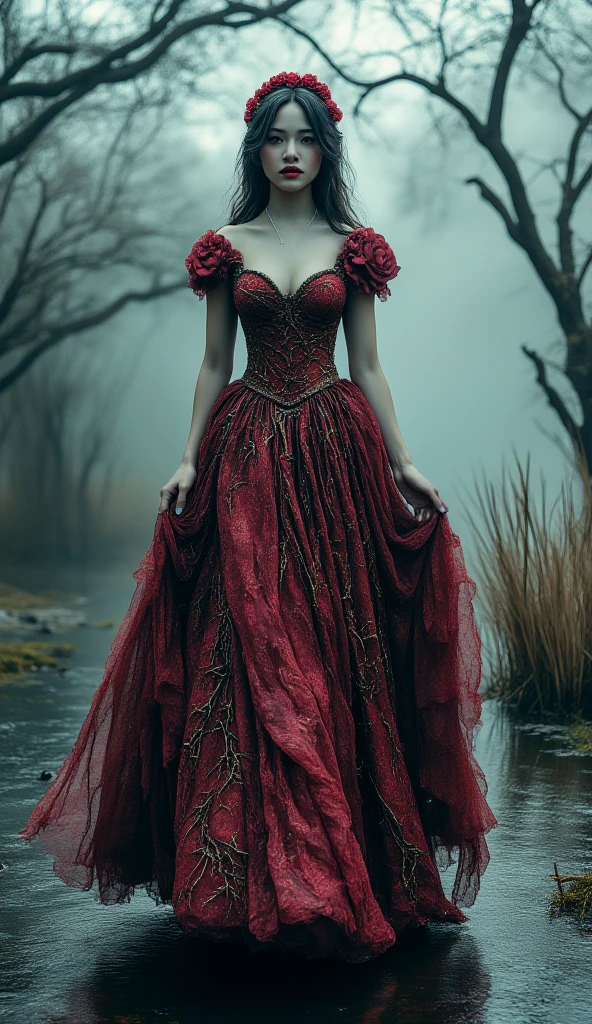 Woman with a white hat with red on the side, truco and roses, and a red and black dress, hat covering her face, long dress, she at the crossroads at night,