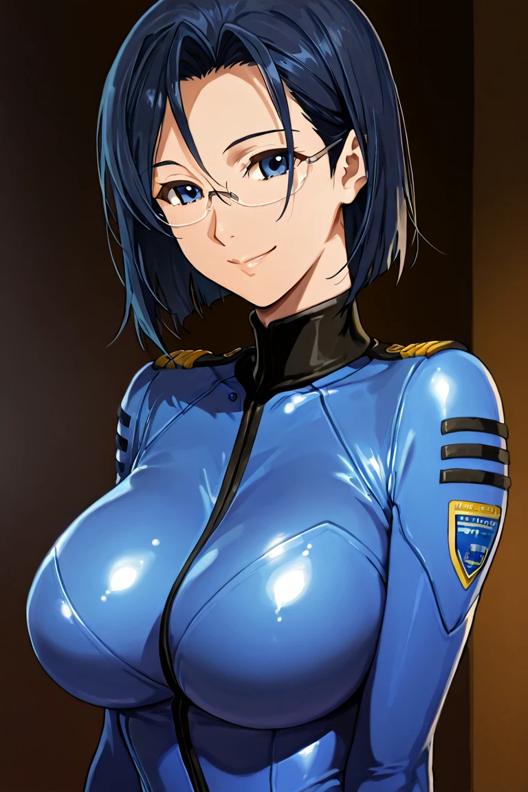 (Upper Body:1.4),anime,(masterpiece:1.4),Portraiture, Realistic, blue eyes,(Perfect female body:1.4),(curve,model,glamorous:1.4),(Browsing Caution,nude:1.3),(thin:1.4),(short hair:1.3),(See-through:1.3),(Through the nipples:1.3),(Shiny, oily skin),(arm behind head:1.3),(clavicle,head),(Beautiful breasts:1.4),(Large Breasts:1.4),(Dark blue hair:1.4),(Bright colors:1.4),(Rimless Glasses),(Shoulder length:1.4),(Turning away:1.4),(24-years-old),8K resolution, High quality CG, Beautiful CG,(slim:1.4),Soft Light,(smile:1.3),Ultra-high resolution,Highly detailed CG Unity 8k wallpaper,(美的animeの目:1.3),(Inside the spaceship:1.3),bed,(See-through:1.4),