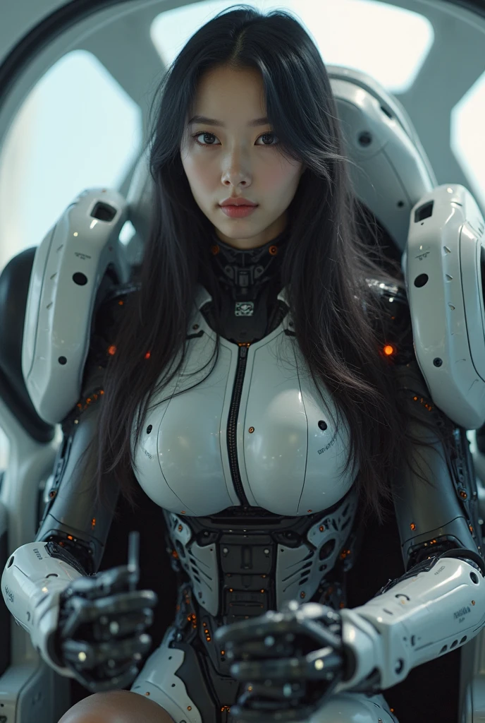 There is a futuristic cyborg woman standing in front of a futuristic car, beautiful white girl cyborg, beautiful girl cyborg, cute cyborg girl, Cyborg - Girl, cyborg girl, perfect android girl, robot girl, 美しいcyborg girl, young female cyborg, cyborg fashion model, porcelain cyborg, perfect anime cyborg woman, beautiful android woman, female robot, The perfect cyborg woman、(((((Background inside the spacecraft)))))