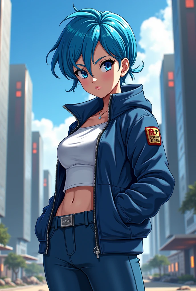 Dragon ball style,Pointed middle finger pointed at head,olhos castanhos,barba longa, cabelos longos, Topknot, sorridente, leather jacket, Capsule logo on jacket