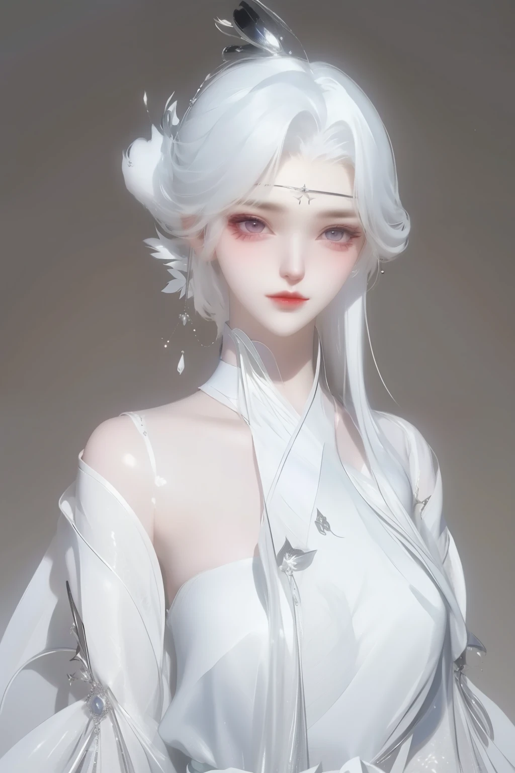 ((defsooyeon)), depth of field,light particles,lens flare,(artist:quasarcake:0.8),extreme aesthetic,(wlop:0.6),wanke,rella,wanke, 1girl, solo, A beautiful mature woman. She has ((short white hair, a pixie cut hairstyle)), Her light purple eyes hold a quiet, kuudere-like expression—reserved, yet with a hint of warmth beneath her composed demeanor. Her face is soft and slightly rounded, with a small nose and gentle lips, exuding a calm and refined beauty. A subtle blush to enhances her gentle features. Her body is slender yet subtly ((curvy)), with delicate hands and a graceful posture. ((Though slim, her thighs touch slightly)), giving her a balanced, natural look with her ((subtle arched back)). She has ((glossy lips)). She wears a form-fitting, elegant ((white latex bodysuit)), ((covered navels)). Over this, she dons a flowing cape. The cloak drapes over her shoulders. (Large breast, huge thick thighs), (Hood, cape), sitting on the platform, looking at the viewer, ((expressionless)), close mouth, dark empty background,