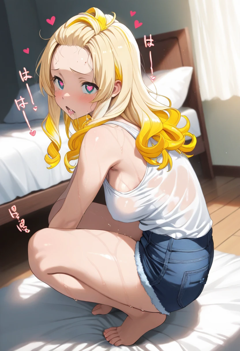 tan skinned anime woman wearing a cami top and jeans, famished in hunger, (necklace), (gently resting hands on stomach), (sweating), (lying down), (long hair), (hands on stomach)