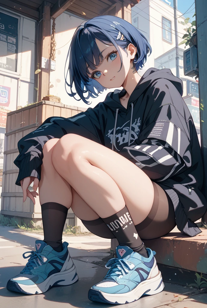 (((One girl))), Shibuya, street, blond hair, bob cut, (looking at viewer), (((full body))), squatting, spread legs, ((arm support on legs)), breasts, teenager, head tilt:1.3, (((blue eye))), constricted pupils, (from side:1.3), ((happy smile)), (((black hoodie:1.3, black shorts:1.3))), bare legs, ((black platform high cut sneakers)), anime style, (best quality, 4k, 8k, highres, masterpiece:1.2, ultra-detailed, ultra-detailed eyes, HDR, UHD, studio lighting, ultra-fine painting, sharp focus, physically-based rendering, extreme detail description, professional, vivid colors, bokeh)