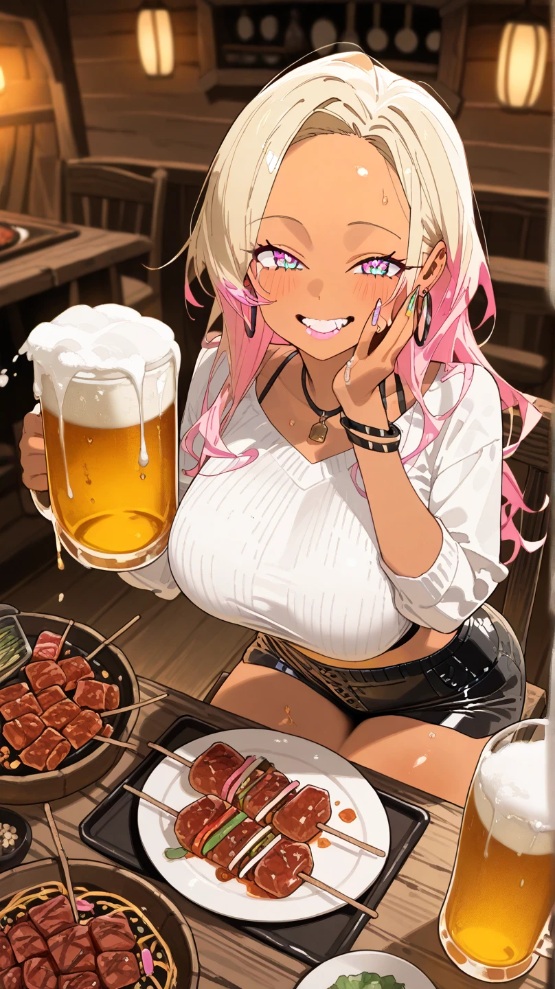 (highest quality:1.2, Very detailed, up to date, Vibrant, Ultra-high resolution, High Contrast, masterpiece:1.2, highest quality, Best aesthetics), Portraiture、girl、singer, solo, ((25-years-old:1)), Bright colors, Beautiful fine details、Beautiful lip detail、medium wave hair、red and white ((streaked hair:1.6)), highlights hair: 1.5, red eyes, slim body, medium breast, (tan skin:1.1), (Floral Fineline tattoo design on left arm:1), black t-shirts, holding mug of beer, (eat thick steak with knife and folk:1), siting in table, steak dinner, salad, steak house, (upper body),