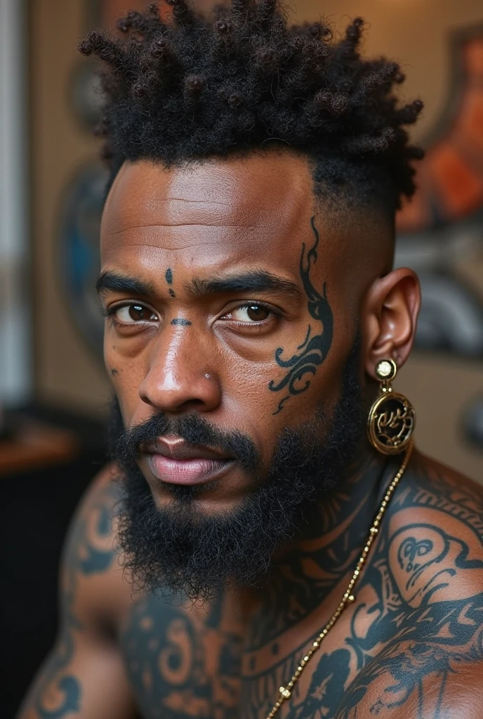 A black man, with red curly hair, with many indigenous tattoos 