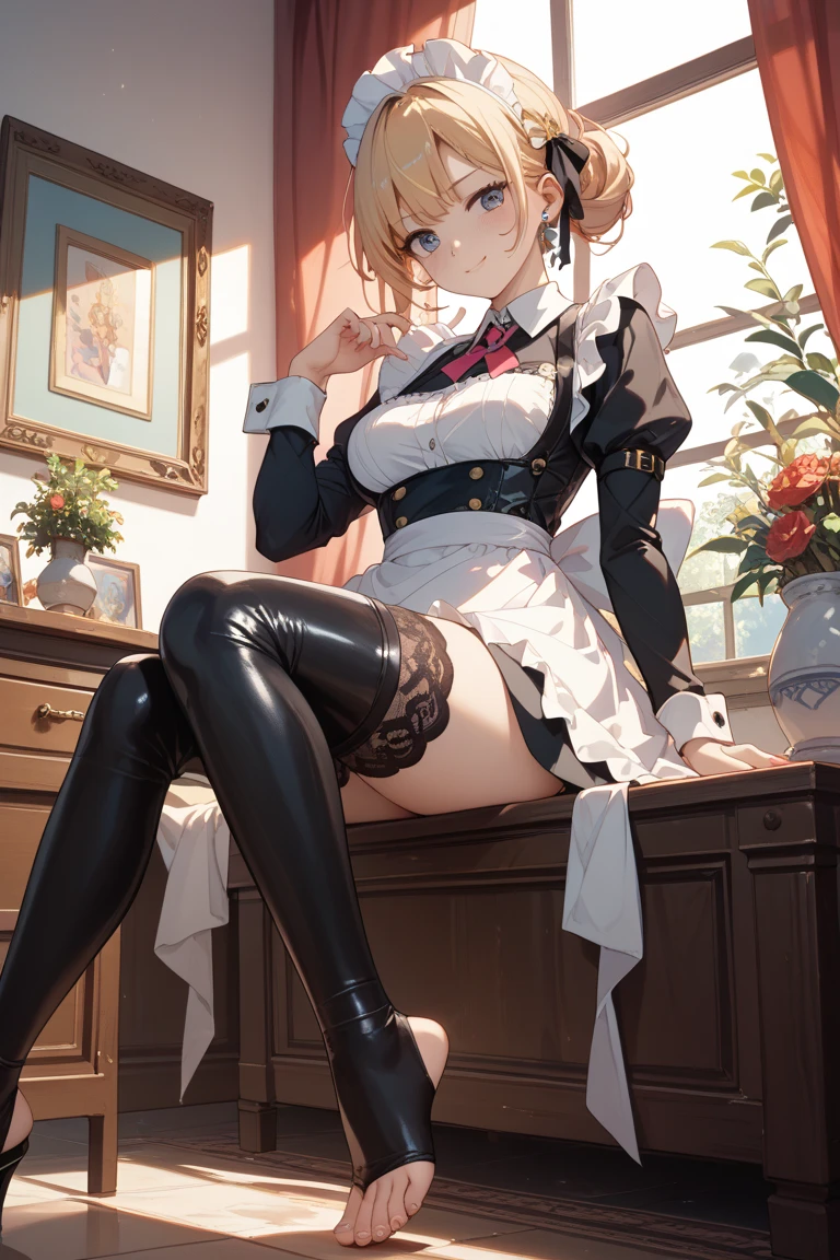 (Masterpiece, High Quality, High-Detailed, Detailed CG, Cinematic Lighting, Beautiful Detailed Eyes, Ultra Resolution), (Full Body Pose), (Erotic Suggestiveness:1.2), ( looking at viewer from Bank), Anime Tomboy Character, bare arms, bare back, bare shoulders, bent knees, Gold hair, Short Hair, Tomboy Hair Style, black legwear, black leotard, bunny costume, bunny girl, fishnet pantyhose, Medium size Breast, Thigh, Five-Finger, School Classroom