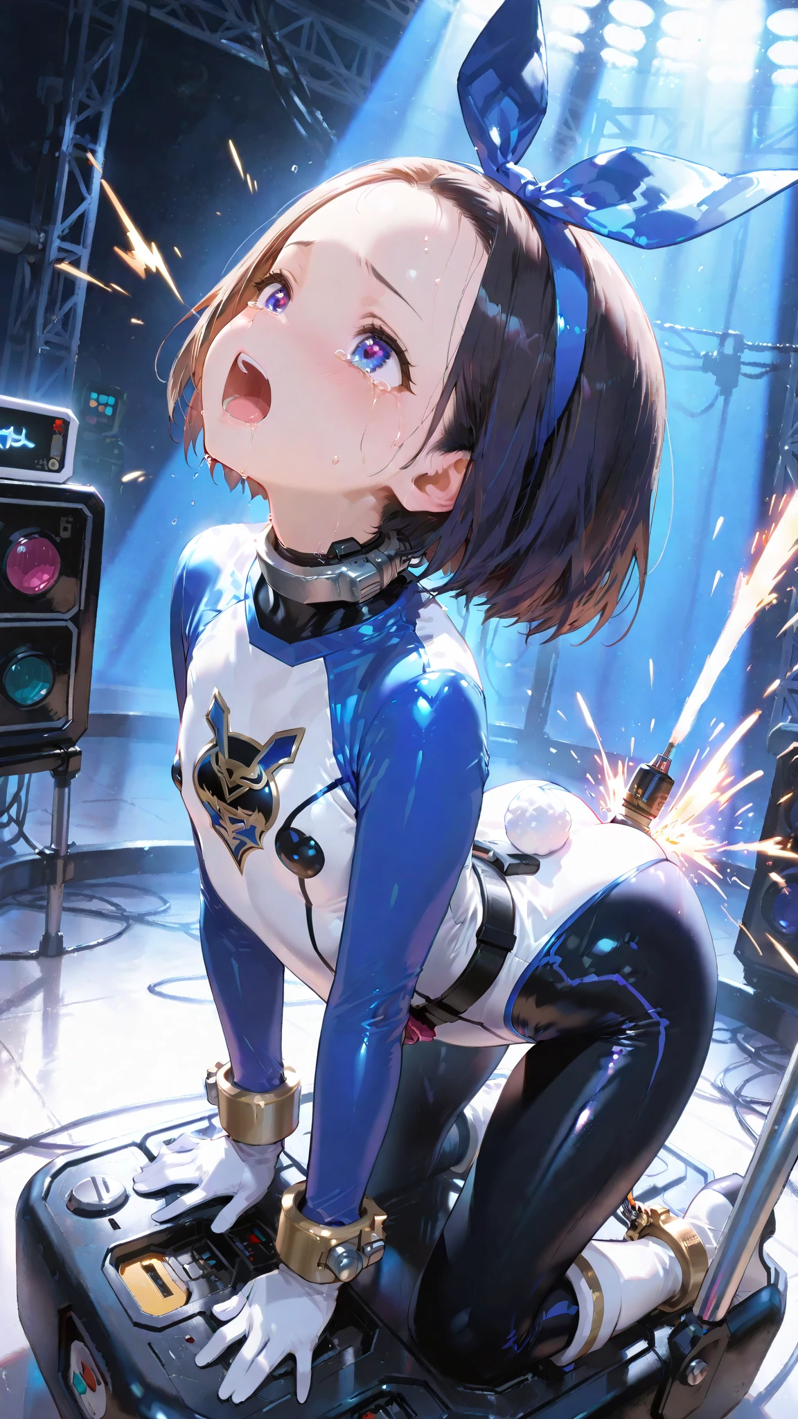 nsfw,(super fine illustration,8K CG wallpaper,best quality,extremely detailed,ultra high res,best aesthetic),(cowboy shot,from front),idolmaster, {{{haruna Kamijo}}}, (25yo, beautiful girl), (beautiful brown eyes),((beautiful black hair)), ((short hair)), (((bule rim glasses))), (wet hair), (wet skin), ((sweat)), ((steam)), (flat chests,midium breasts), (tall), (slender), (((bule and white cyber suit))), ((open clothes)), ((pubic hair:1.6)), ((on concert)), ((((spread legs)))),((spread pussy:1.3)),(open mouths), (a big smile), ((stick out tongue)),(feel good), (one eye closed),(blush),(singing),((have a microphone)),((headset)),(cum on body:1.3),(bule napoleon clothes),