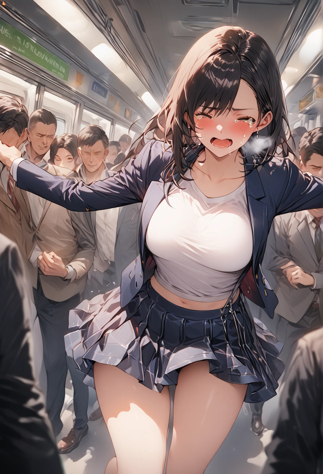 Cowboy Shot、Crowded train、One Woman、Cute Woman、Many passengers、Thick thighs、Best image quality、High resolution、masterpiece、super high quality、Pink Good、Pink Panties、Big Ass、Large Breasts 、blush、4k quality、Reached orgasm、Wearing black knee socks、Heavy breathing、From directly below、From directly below、, 1 personの女の子, Raise your arms, 1 person, {{{The guy put his hand on the girl's crotch}}}, Inside the train, Crowded, Crying face、(Affirmative prompts)
(女の子1 person)++, (masterpiece)+++, (Highest quality)+++, (Super cute)+++, lovelive!, Anime Color, , tears, (vapor)+++ , Being abused ,feigned ignorance, wearing blazer whiteshirt ,Check skirt , (Roll up your shirt), Bra is out of place ,arched back, Crowded train, (Many men standing behind a girl )++, Dynamic pose, Dynamic hand movements, (Grab your chest)+++, A man grabs a woman's arm , (Hands frying), (Floating Hand), (Grab from behind),