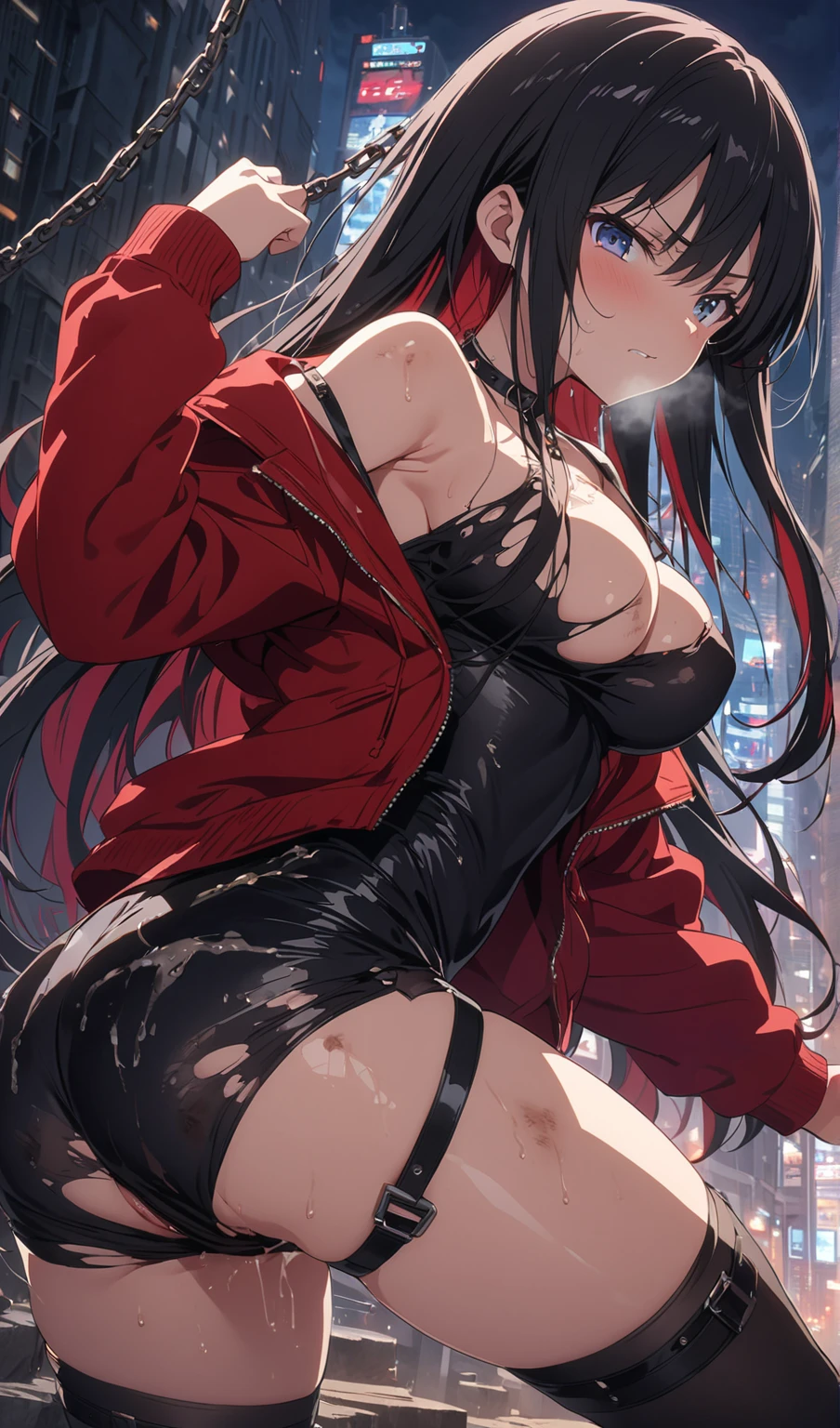 > **scene:** > A female blood demon advancing towards the camera with a threatening and seductive posture. His feet are bare and highlighted, showing his power and attractiveness. The camera is focused on his progress, highlighting his defiant attitude. The character's entire body must be visible. > > **Appearance:** > - **fur:** pale pink, with a subtle glow. > - **Hair:** short, pink with touches of red and white, slightly messy. > - **Clothes:** Scanty but elegant clothing, with leather straps and light armor covering strategic parts of his body, leaving enough skin exposed to enhance your attractiveness. > - **expression:** Challenging and seductive, with a fixed gaze towards the camera. > > **bottom:** > A dark and mystical scene with swirling red fog and shadows. The background includes ancient ruins and a bloody altar with demonic markings and symbols. > > **visual effects:** > - **Blood Aura:** Red and black particles floating around his body. > - **Shadows and Dark Energy:** Emanating from your feet and hands. > - **bright Eyes:** With a deep red glow. > > **Additional details:** > Blood marks on his skin and clothes, lighting that accentuates your facial features and highlights the contrast between the darkness of the background and its pale glow.