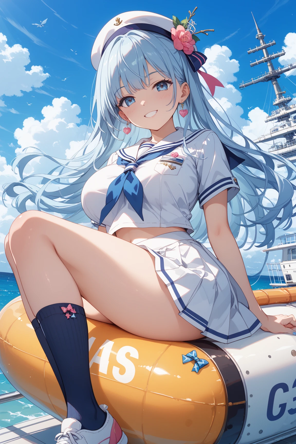 Anime girl sitting on a boat in a bikini,There is a lifebuoy, in a bathing suit, azur lane style, small curvaceous , A scene from the《azur lane》videogame, swim wears, in a bikini, Attire: Bikini, realistic bikini, in a bikini, Have by the sea, Kantai collection style, anime moe art style, Ayaka Genshin impact, thicc