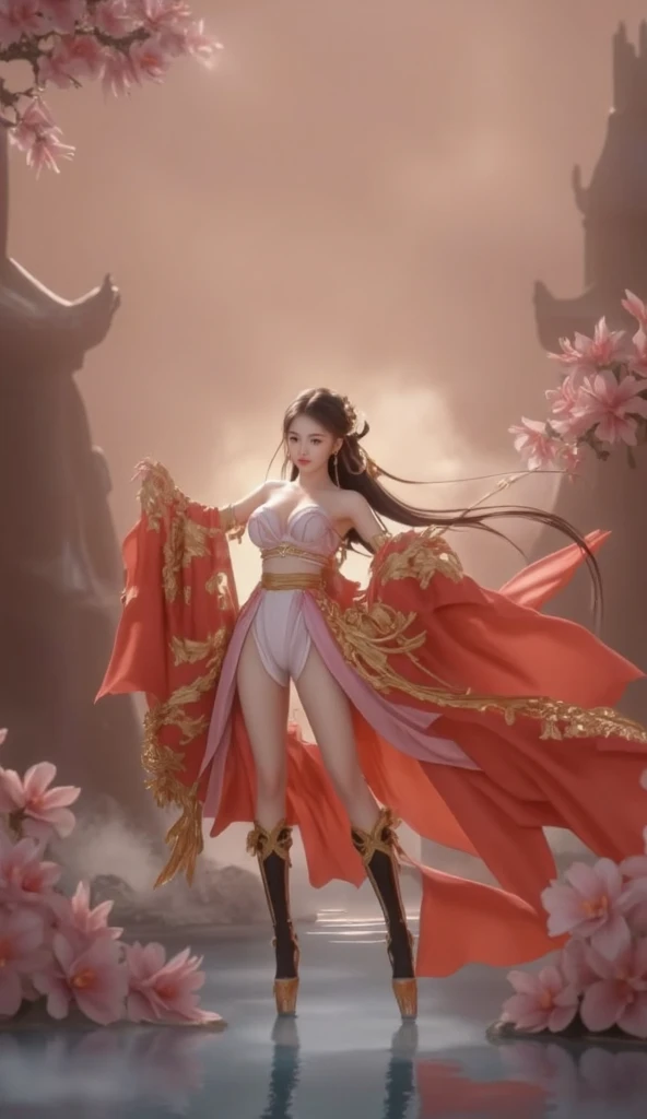 (RAW photo, best quality), (realistic, photo-realistic:1.3),best quality,highly detailed,masterpiece,ultra-detailed,illustration, girl in a golden lace dress with a chinese folding fan in her hand, a beautiful fantasy empress, beautiful alluring woman, goddess, seductive girl, extremely detailed,