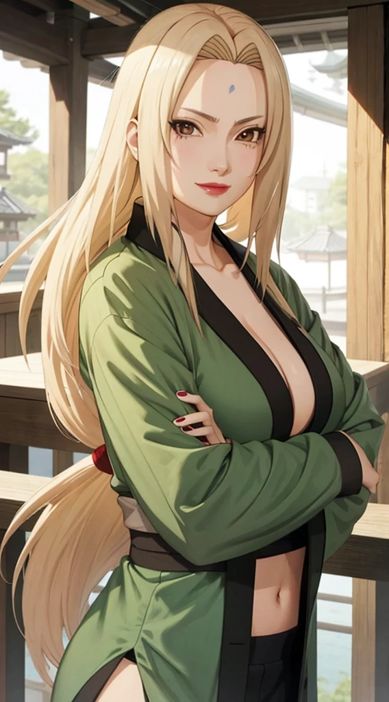 Tsunade,is shy,one-girl,Top-down view,Front view,blond hairbl,long whitr hair,with brown eye,Red lips,lipsticks,pub,ssmile,Be red in the face,Green coat,Close-up,drink,Piva,sitted,Naruto,HighestQuali,Art student,4K