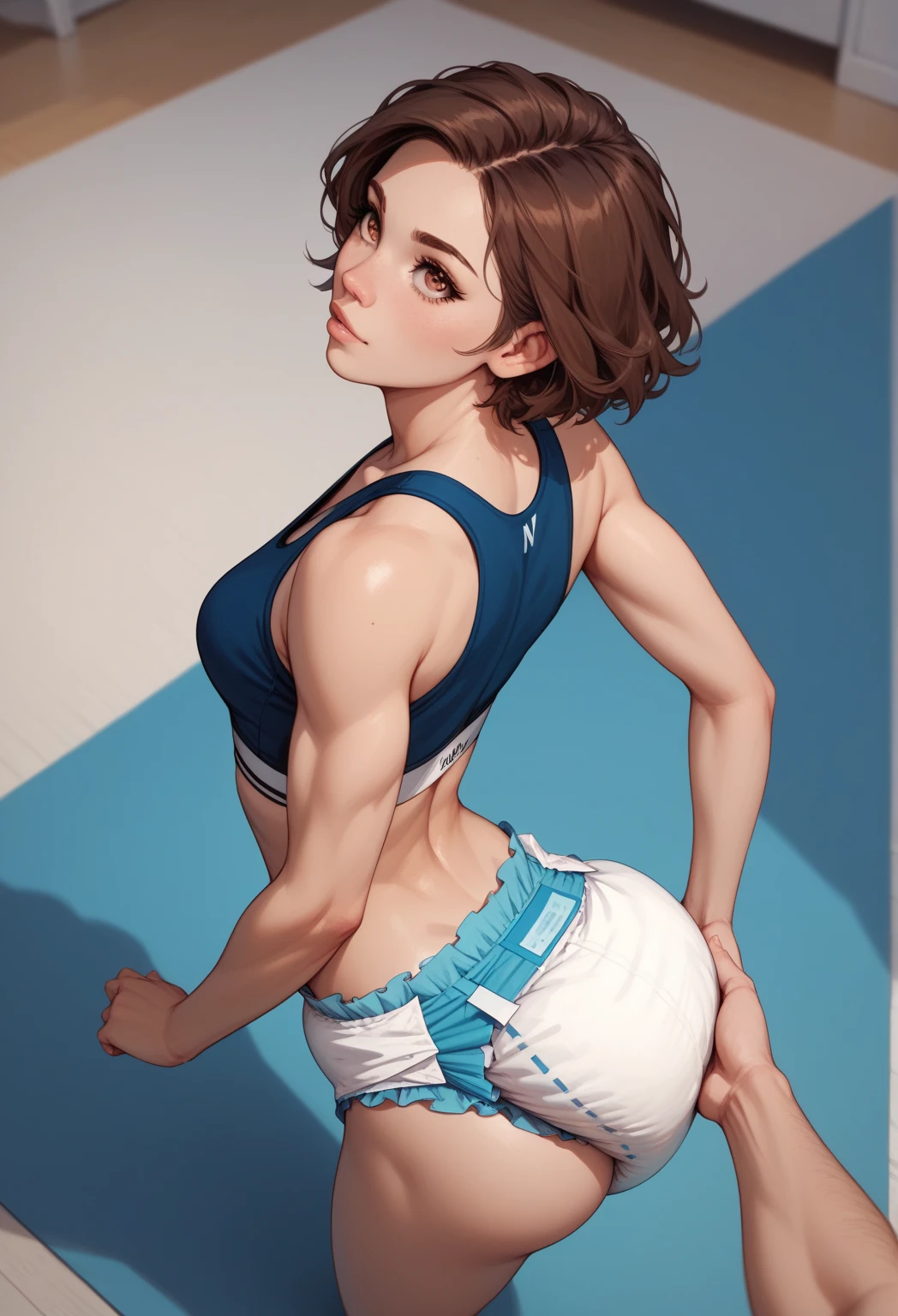 (master piece: 1.1), 1girl, anime, (sf6 chun), small breasts, double bun hair, (master piece: 1.1), 1girl, solo, 8k, ultrahd, 1girl, gym clothes, legging pants, blue pants, ((leggings, top tank)), (detailed abs), (detailed brown eyes), (arms in front of the body), handless, soft leggings, curvy body, gym enviroment, blur_background,